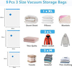 Reusable Ziplock Vacuum Storage Space Saver Plastic Bags for Clothes with Travel Hand Pump - Pack of 5 (2S (60Cmx80Cm), 2M (50Cmx70Cm), 1L(80Cmx100Cm)) - White
